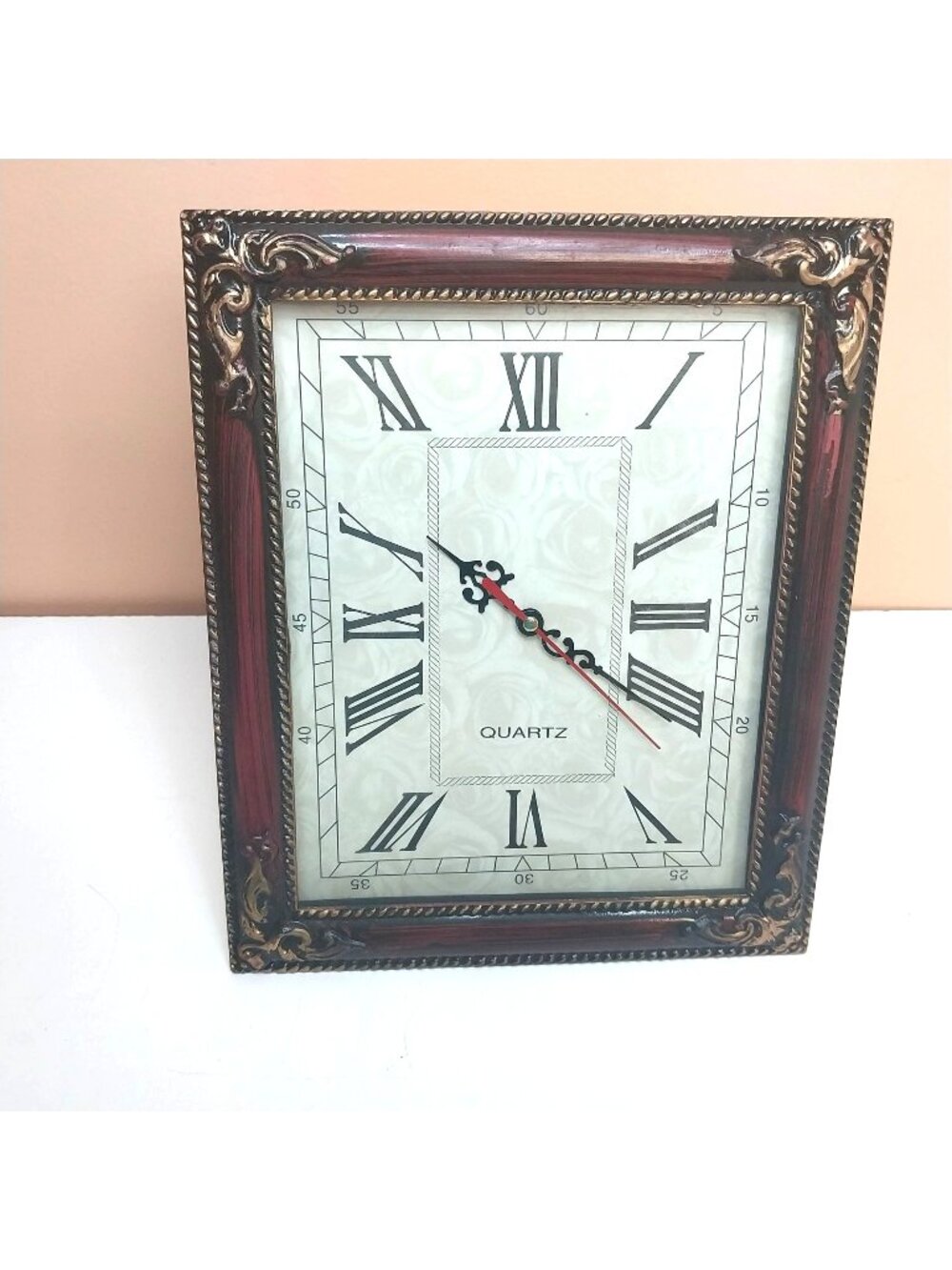Vintage Style Quartz Tabletop Clock Roman Numerals & Red Gold Frame